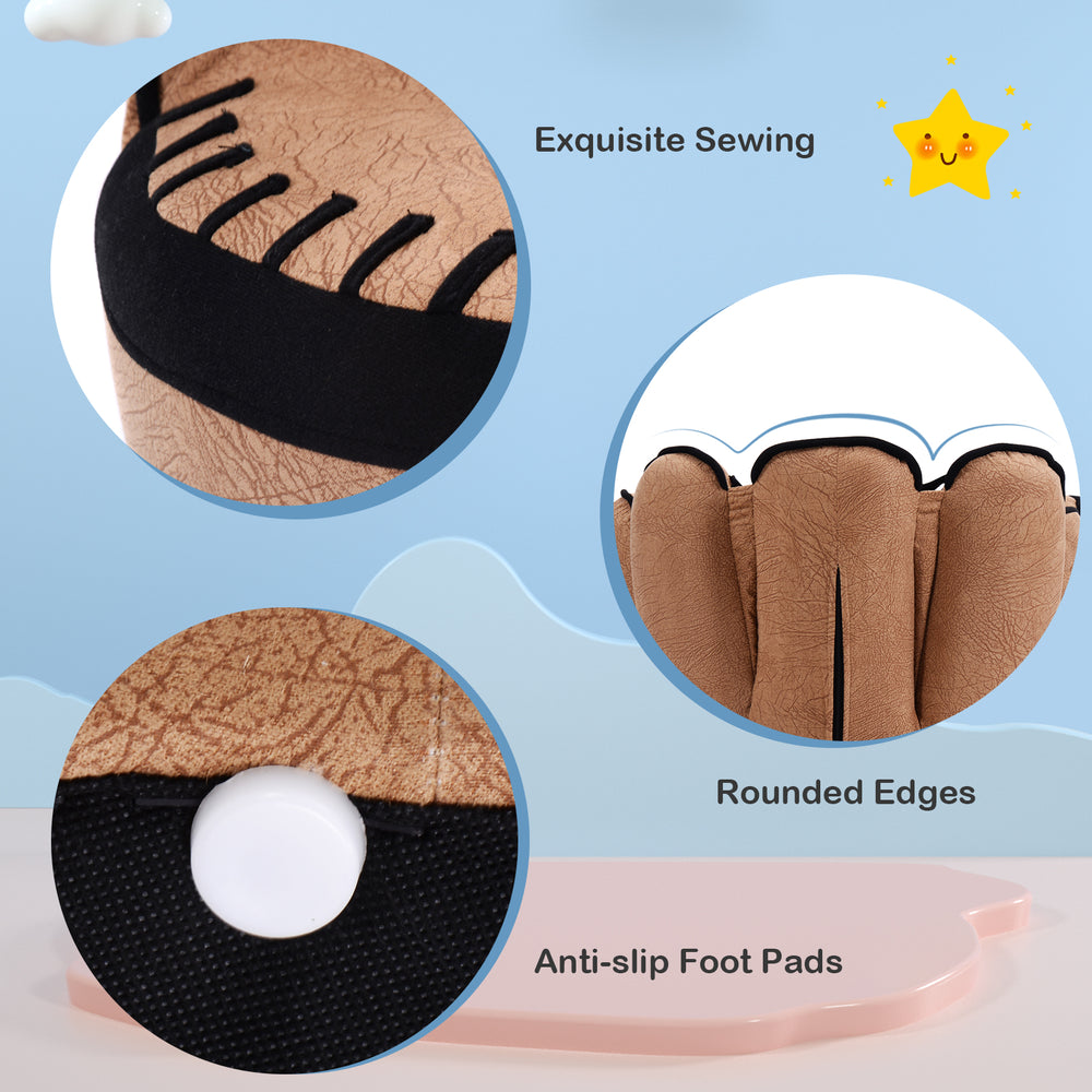 Close-up of the baseball glove-shaped sofa showing exquisite sewing, rounded edges, and anti-slip foot pads for kids.
