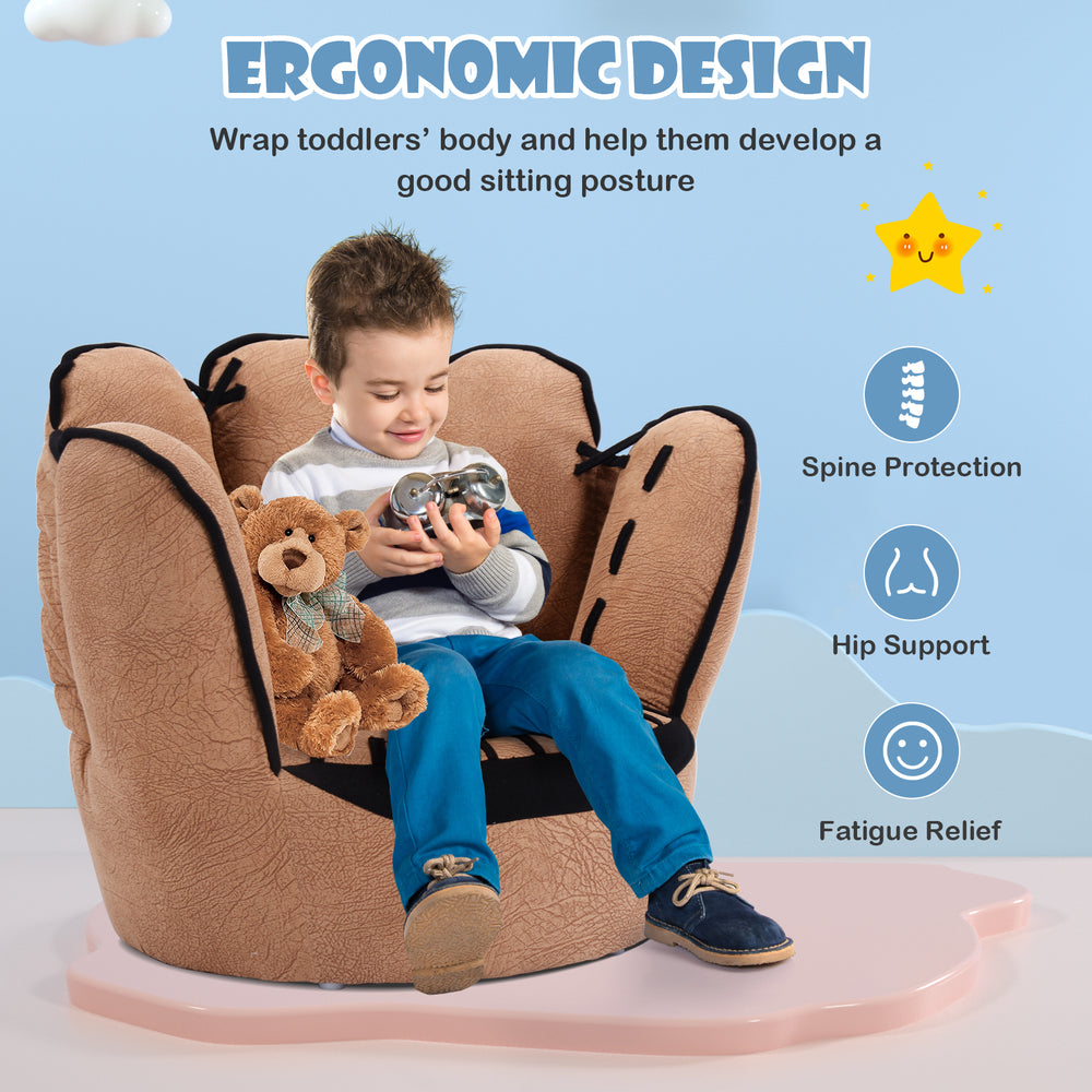 Kids leisure upholstered sofa in a baseball glove shape, featuring ergonomic design for spine protection and hip.