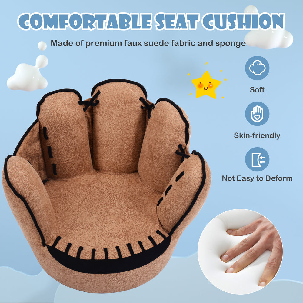 Five fingers baseball glove shaped kids sofa in soft faux suede, 23" x 19" x 17", perfect for ages 3-5.