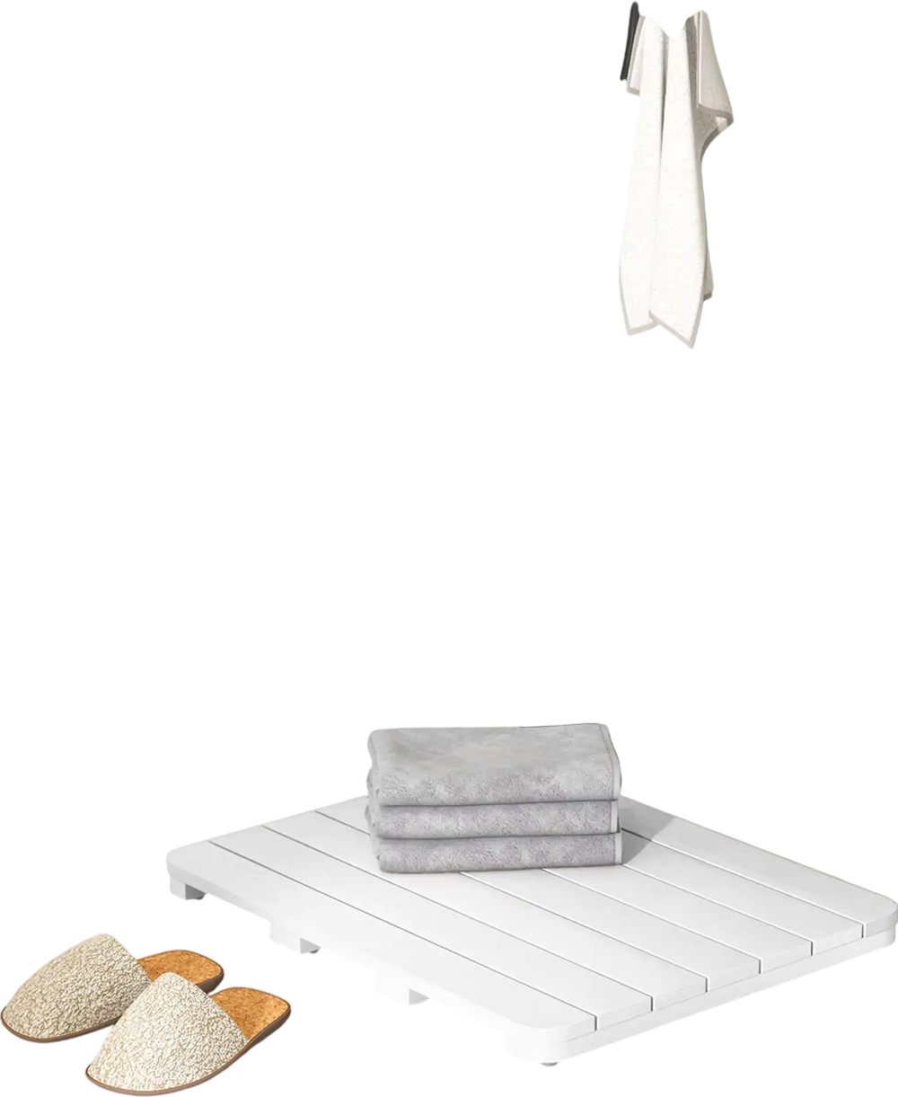 White waterproof HIPS bath spa shower mat with non-slip foot pads, featuring a slatted design for quick drying.