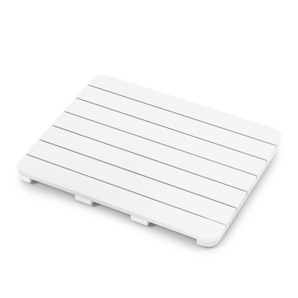 White waterproof HIPS bath spa shower mat with slatted design and non-slip foot pads for quick drying and safety.