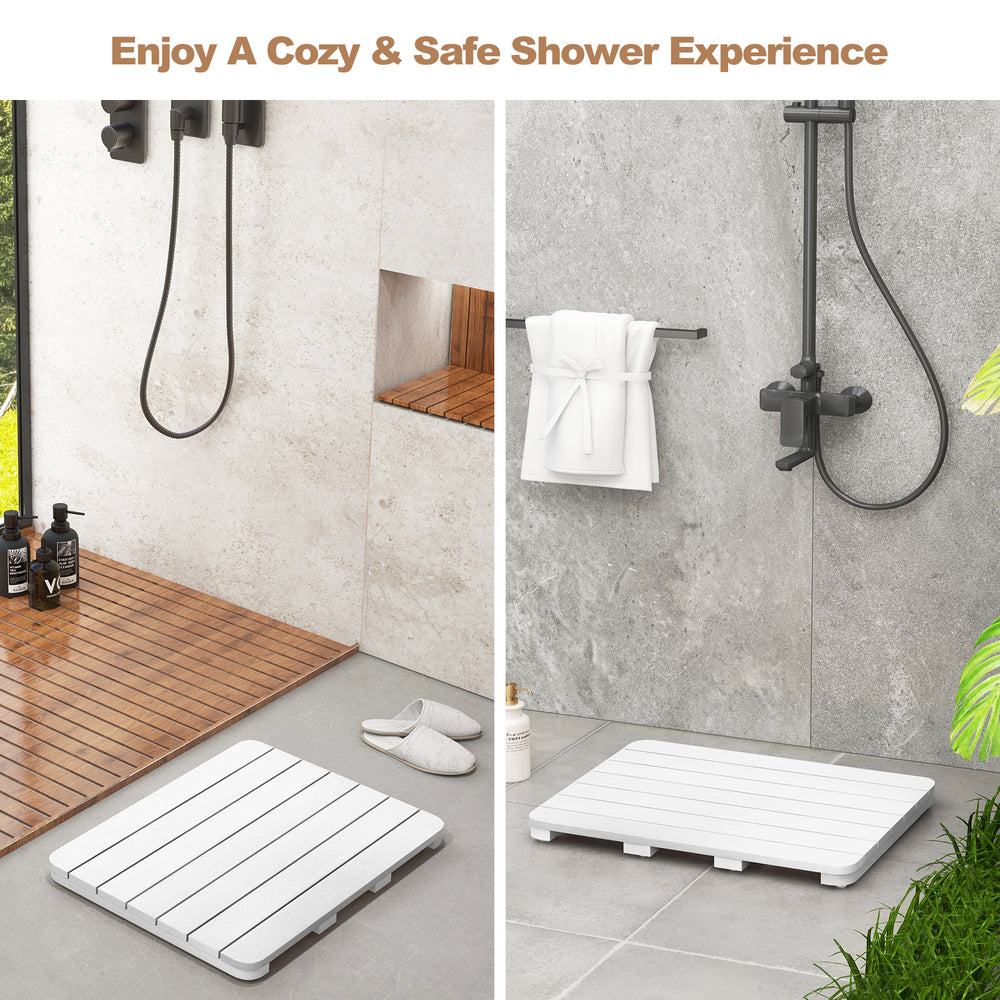 White waterproof HIPS bath spa shower mat with non-slip foot pads, featuring a slatted design for quick drying and.