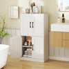 White bathroom cabinet with two doors, adjustable shelves, and metal handles, perfect for organized storage.