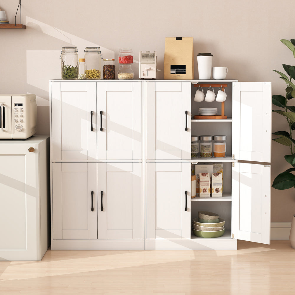 White 43.5-inch bathroom cabinet with adjustable shelves and multiple doors, ideal for stylish storage in any room.