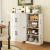 White bathroom cabinet with adjustable shelves, multiple doors, and metal handles, ideal for kitchen or living room.