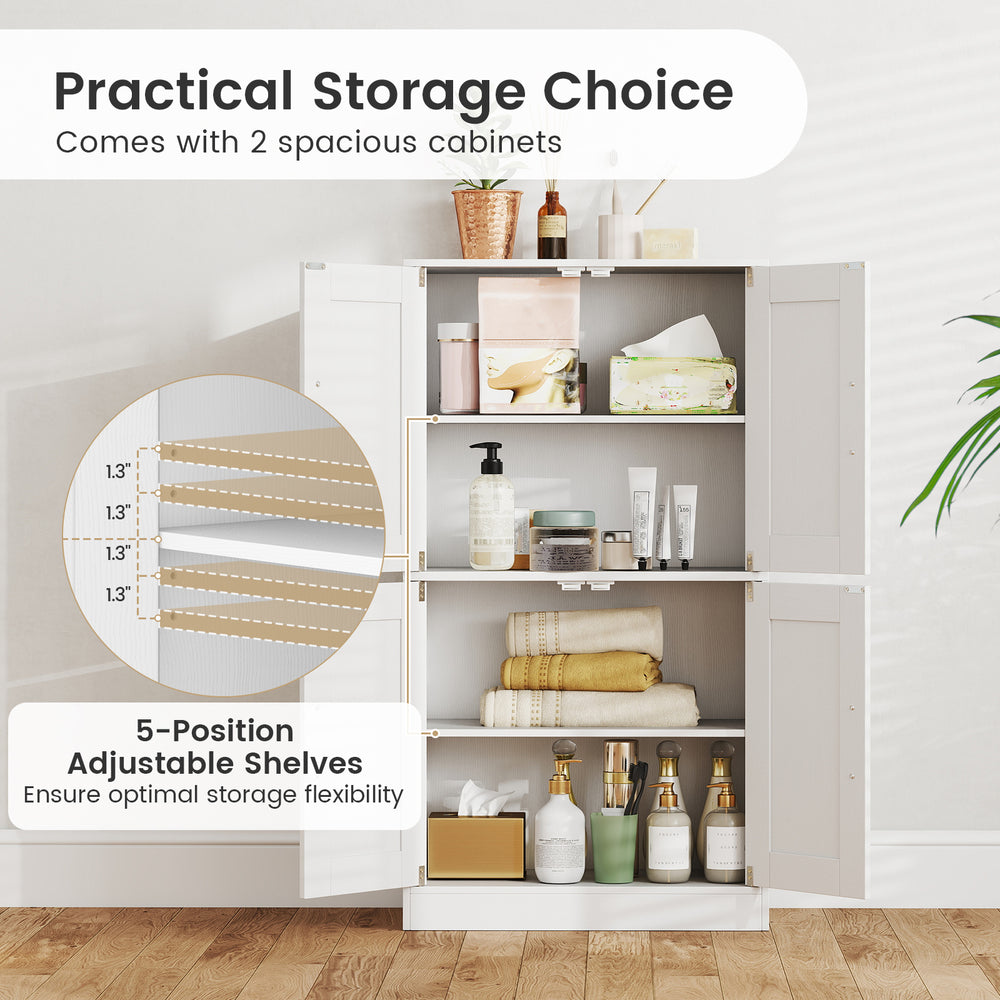 Bathroom cabinet with two spacious cabinets and 5-position adjustable shelves for versatile storage solutions.