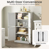 Bathroom cabinet with doors and adjustable shelves in white, featuring metal handles for easy access and stylish design.