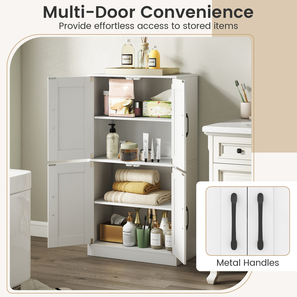 Bathroom cabinet with doors and adjustable shelves in white, featuring metal handles for easy access and stylish design.
