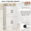 White bathroom cabinet with two doors, adjustable shelves, and protective foot pads for versatile storage solutions.
