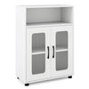 Freestanding white bathroom cabinet with two doors and a three-level adjustable shelf for organized storage.