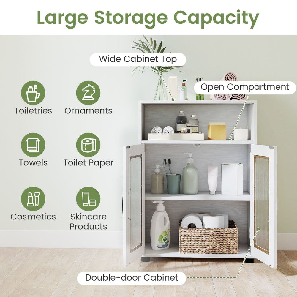 Freestanding white bathroom cabinet with double doors, adjustable shelves, and large storage capacity for toiletries.