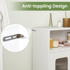 Close-up of the anti-toppling design on the white freestanding bathroom cabinet with adjustable shelves.