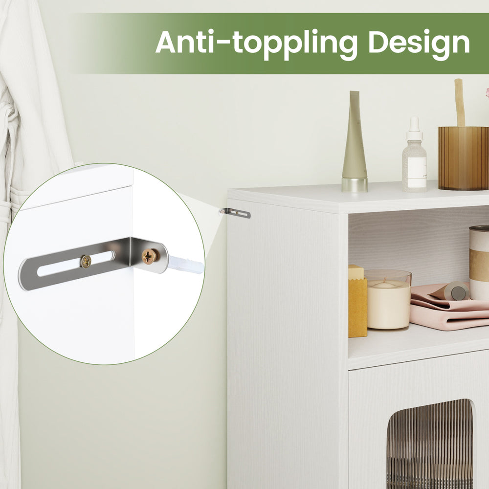 Close-up of the anti-toppling design on the white freestanding bathroom cabinet with adjustable shelves.