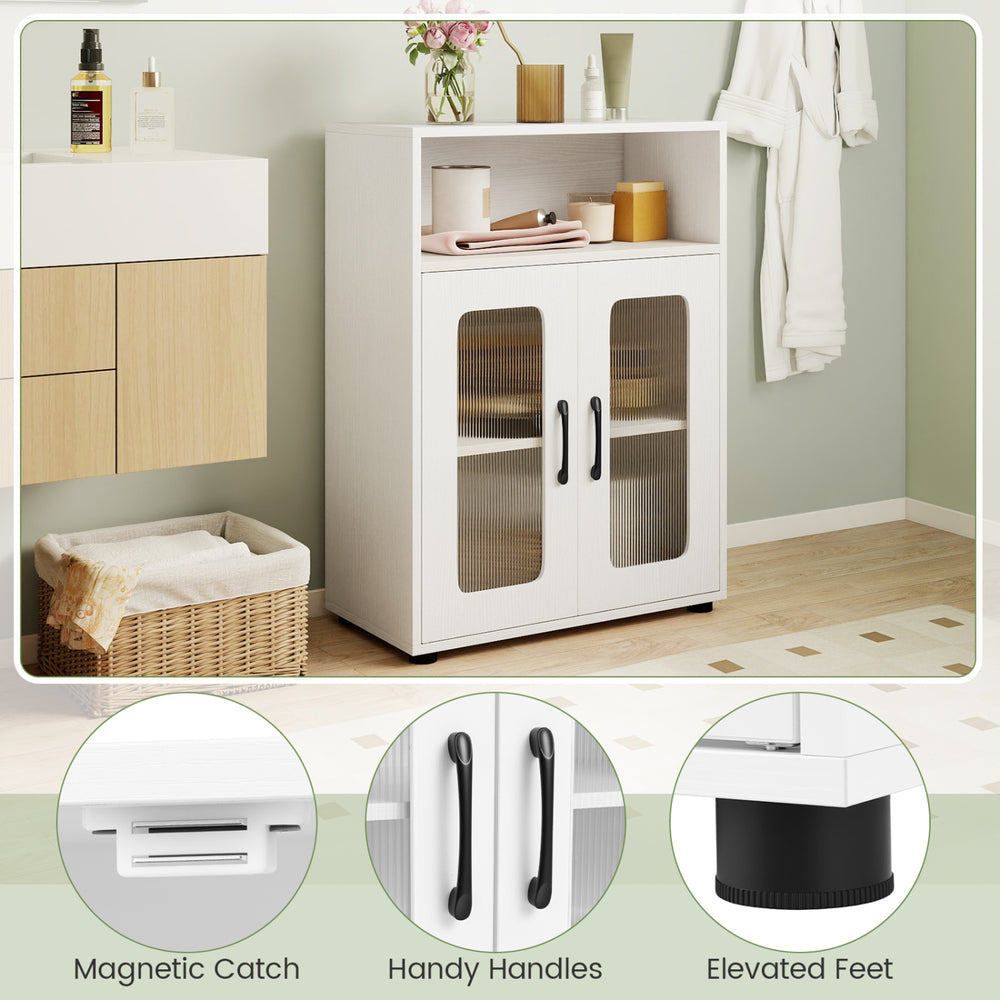 Freestanding white bathroom cabinet with two doors, adjustable shelf, and elevated feet for stylish storage.