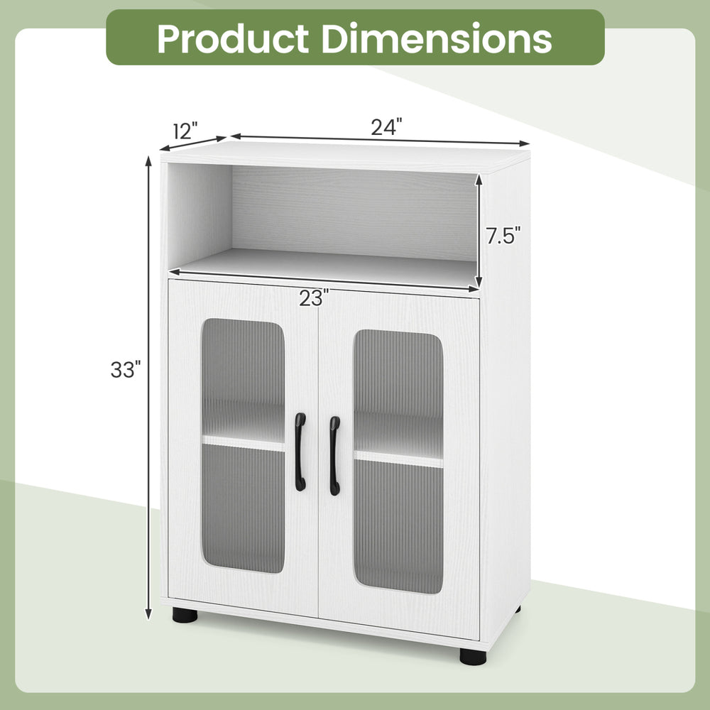 Freestanding bathroom cabinet in white with 2 doors, 3-level adjustable shelf, and dimensions of 24" x 12" x 33".