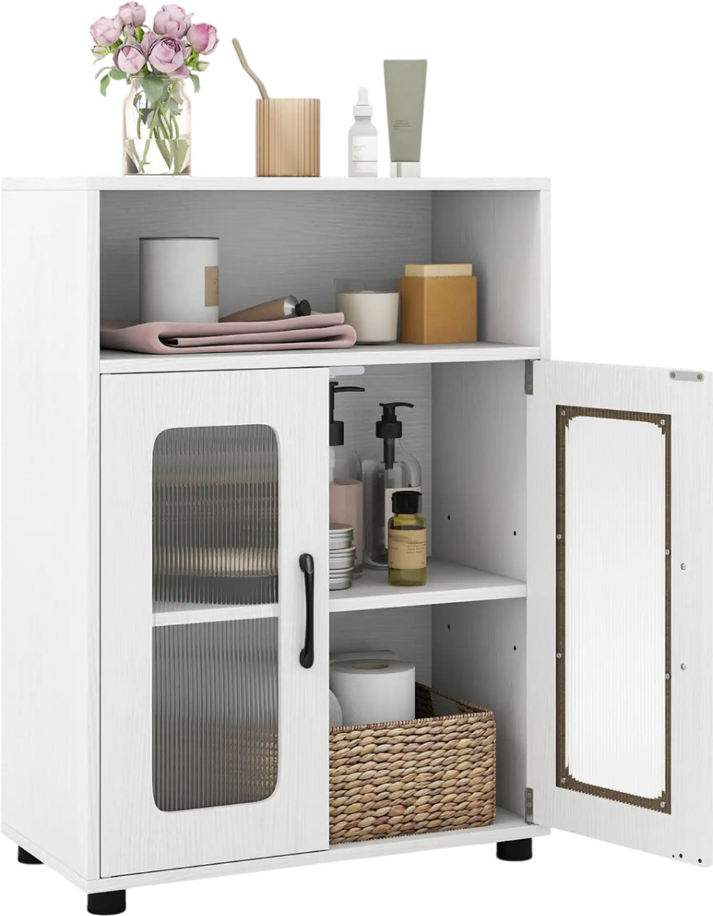 Freestanding white bathroom cabinet with two doors and three adjustable shelves for organized storage.