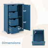 Dimensions of the Prussian Blue bathroom cabinet with 4 drawers and enclosed shelves for organized storage.