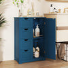 Prussian blue bathroom cabinet featuring 4 drawers and 6 open shelves for organized storage and easy access to.