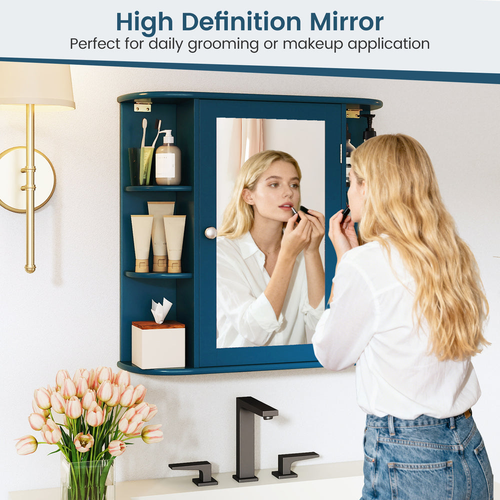 High Definition mirror in a Prussian Blue bathroom cabinet with ample storage, perfect for daily grooming and makeup.