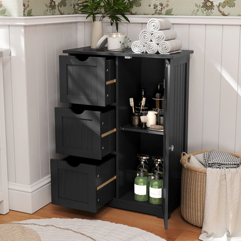 Bathroom Floor Cabinet Side Storage Cabinet with 3 Drawers and 1 Cupboard-Black - Gallery View 1 of 10