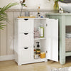 White bathroom floor cabinet featuring three drawers and one cupboard, adjustable shelf, and waterproof surface for.