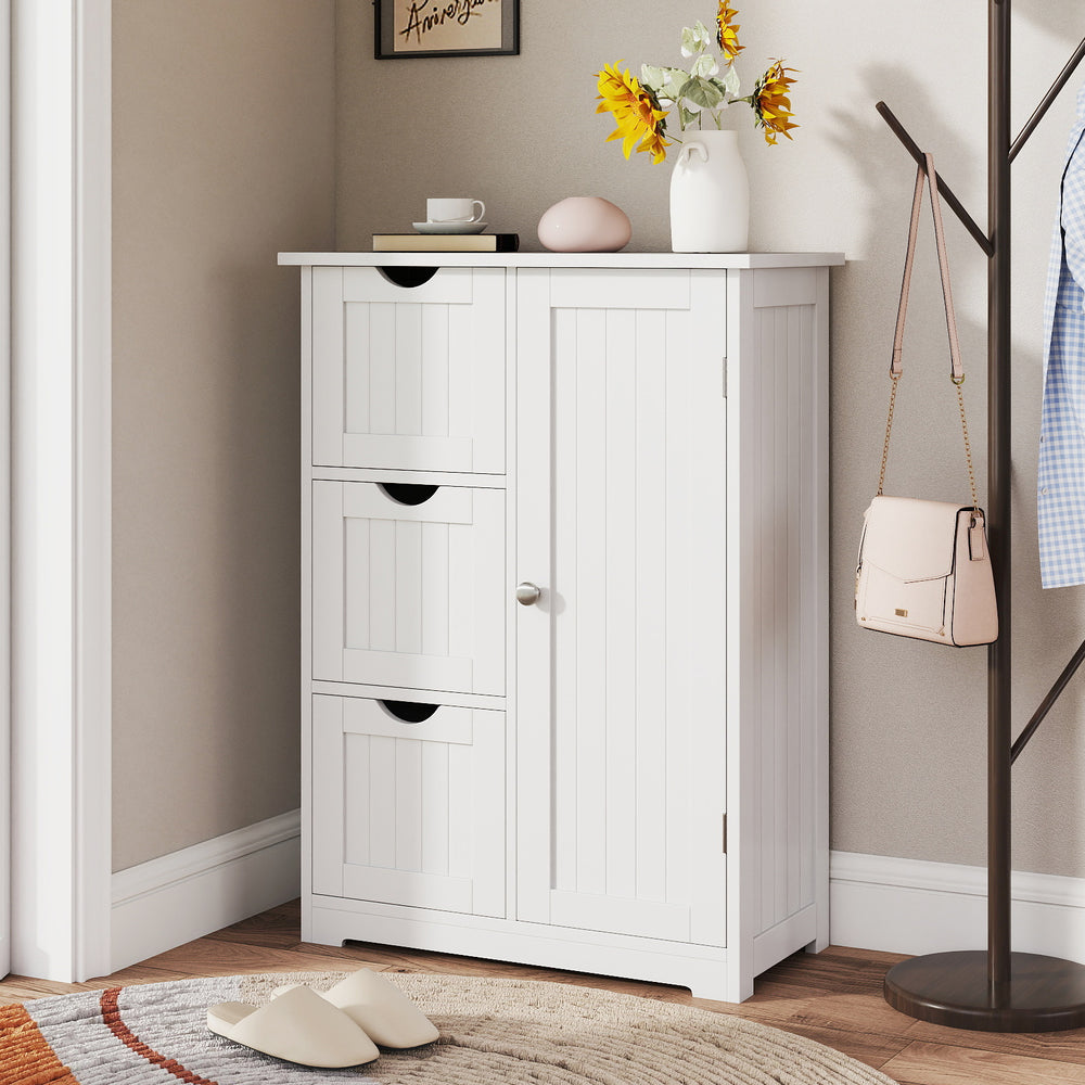 White bathroom floor cabinet featuring 3 drawers and 1 adjustable cupboard, perfect for storage in any room.