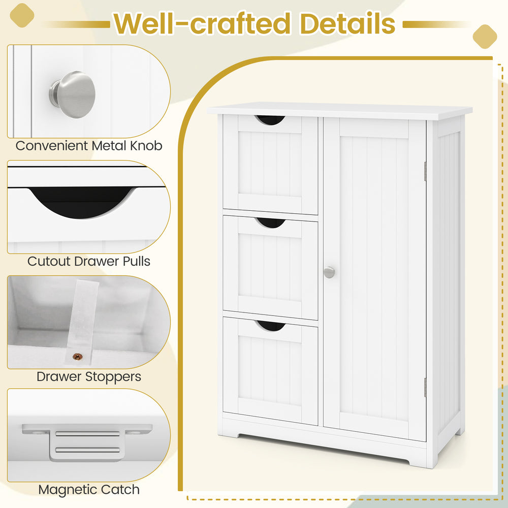White bathroom floor cabinet featuring three drawers, adjustable shelf, and magnetic door catch for versatile storage.