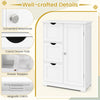 White bathroom floor cabinet featuring three drawers, adjustable shelf, and magnetic door catch for versatile storage.