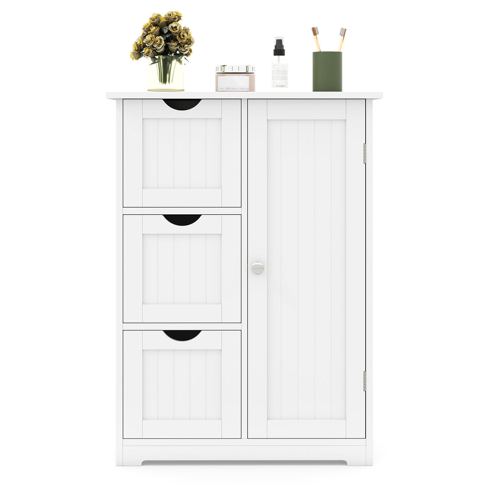 White bathroom floor cabinet featuring 3 drawers and 1 adjustable cupboard, ideal for versatile storage solutions.