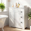 White bathroom floor cabinet showcasing a wide tabletop and modern design, perfect for organizing essentials.