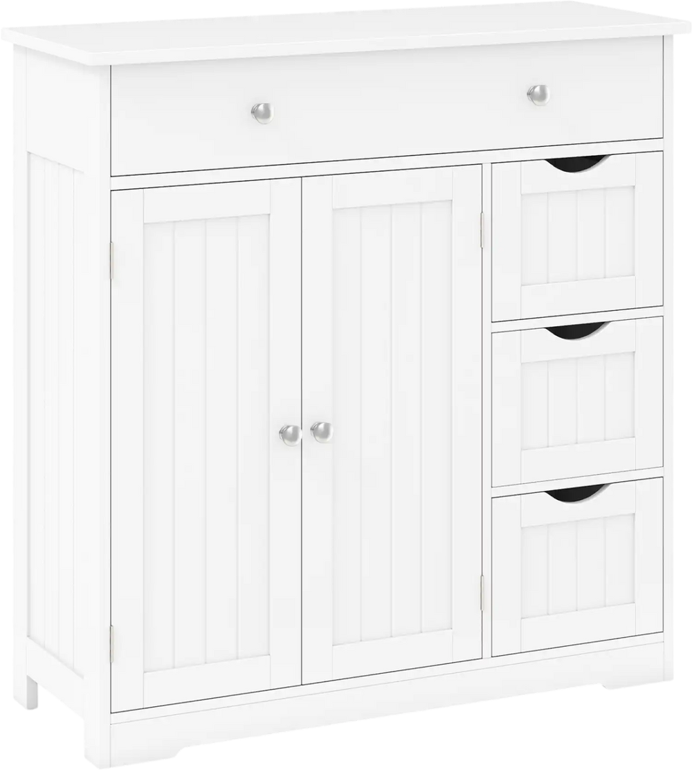 White bathroom floor cabinet featuring 4 drawers, 2 doors, and an adjustable shelf for organized storage.