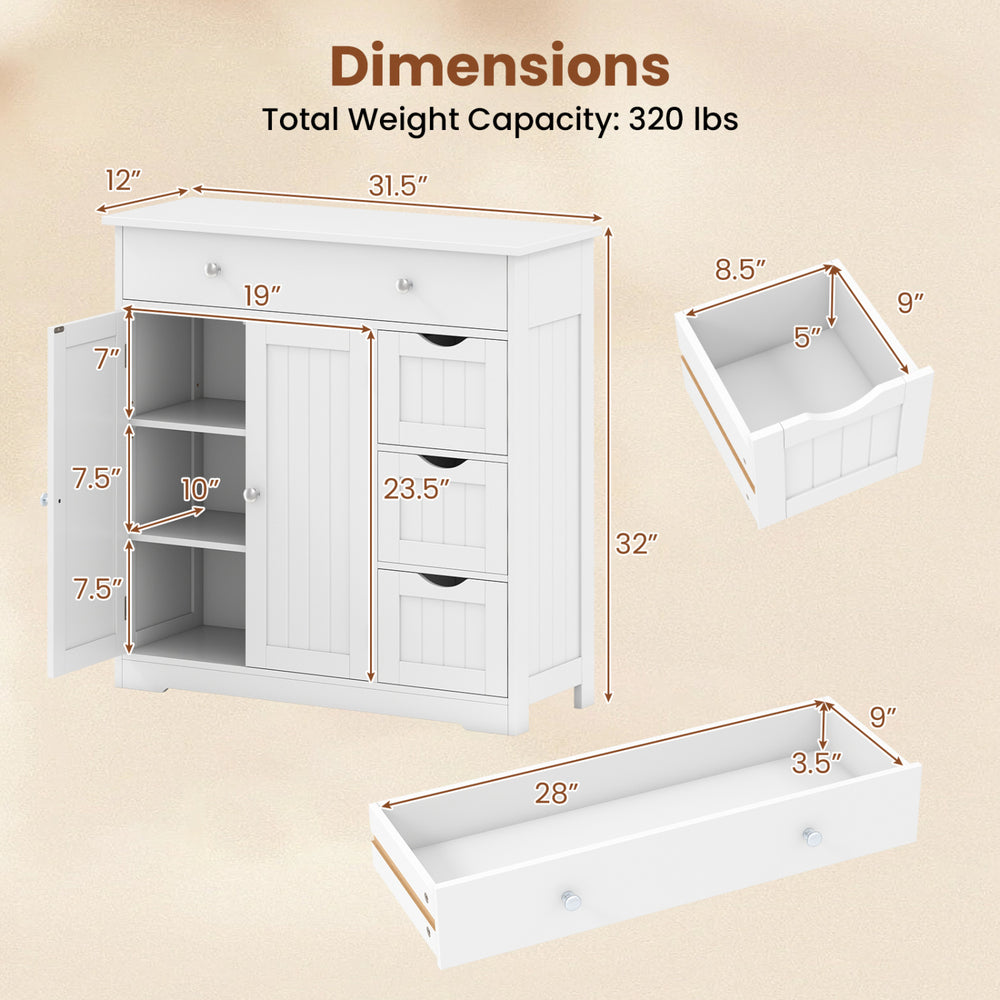 Dimensions of the white bathroom floor cabinet with 4 drawers, 2 doors, and adjustable shelf for organized storage.