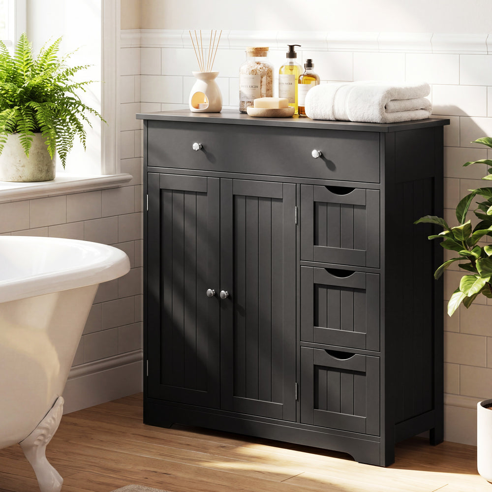 Bathroom Floor Cabinet with 4 Drawers with 2 Doors and Adjustable Shelf-Black - Gallery View 1 of 5