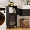 Black bathroom floor cabinet showcasing a spacious countertop, magnetic catch, and solid wood legs for stable organization.