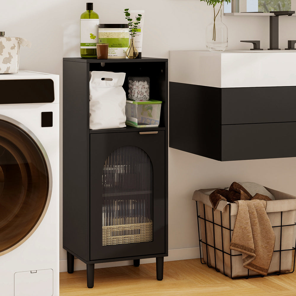 Black bathroom floor cabinet showcasing a spacious countertop, magnetic catch, and solid wood legs for stable organization.