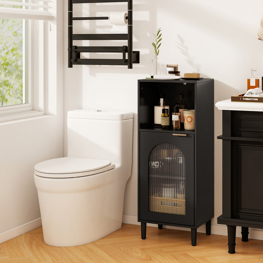 Black bathroom floor cabinet featuring a spacious countertop, elegant wavy glass door, and solid wood legs for durability.