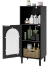 Black bathroom floor cabinet with adjustable shelves, tempered glass door, and solid wood legs for organized storage.