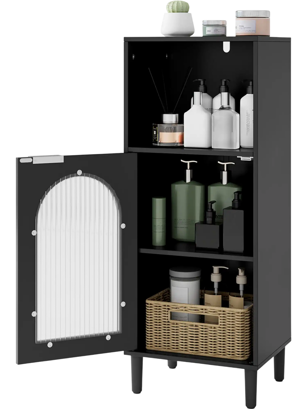 Black bathroom floor cabinet with adjustable shelves, tempered glass door, and solid wood legs for organized storage.