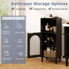 Black bathroom floor cabinet with adjustable shelf, tempered glass door, and ample storage for toiletries and towels.