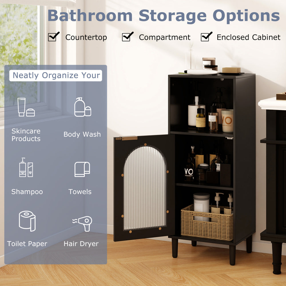 Black bathroom floor cabinet with adjustable shelf, tempered glass door, and ample storage for toiletries and towels.