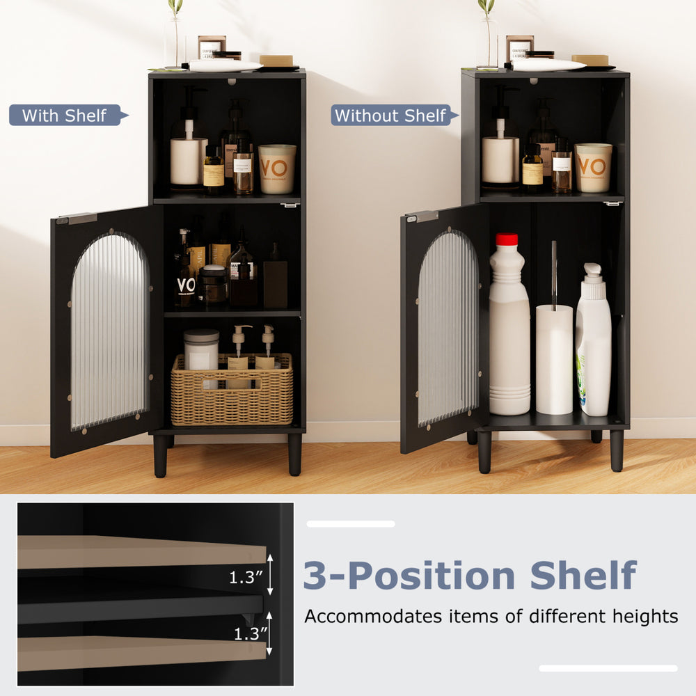 Bathroom floor cabinet in black with adjustable 3-position shelf, solid wood legs, and tempered glass door for storage.