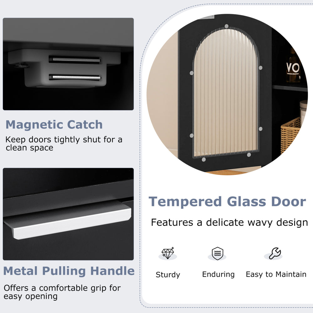 Tempered glass door with a wavy design and metal handle on a black wooden bathroom floor cabinet for organized storage.