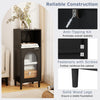 Bathroom floor cabinet in black with adjustable shelf, tempered glass door, and solid wood legs for stable storage.