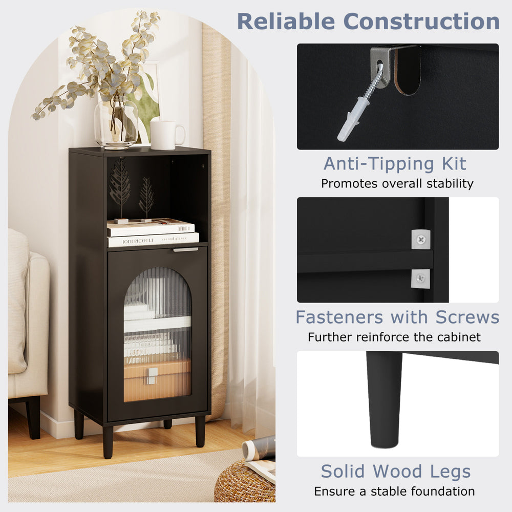 Bathroom floor cabinet in black with adjustable shelf, tempered glass door, and solid wood legs for stable storage.