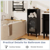 Bathroom floor cabinet in black with tempered glass door, adjustable shelf, and solid wood legs for stable storage.