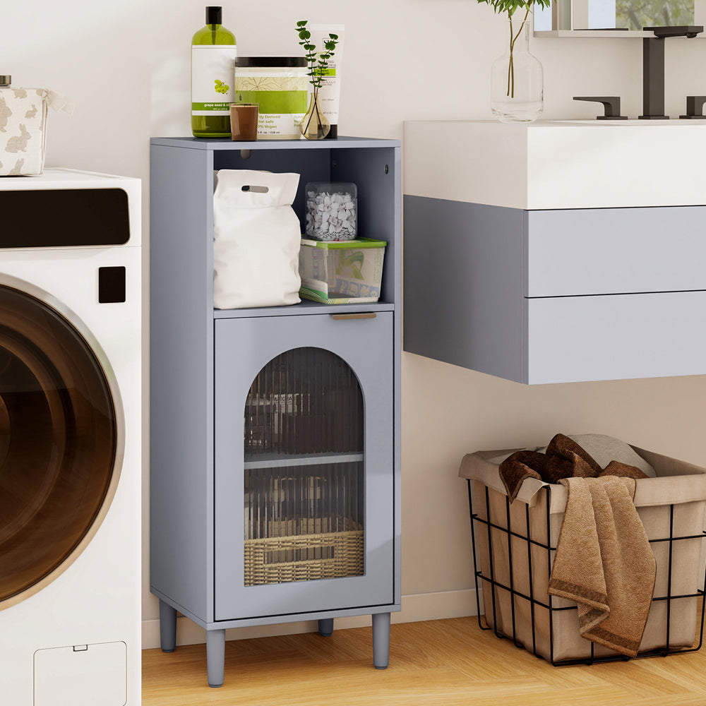 Bathroom Floor Cabinet Wood Side Storage Organizer with Adjustable Shelf-Gray - Gallery View 1 of 10