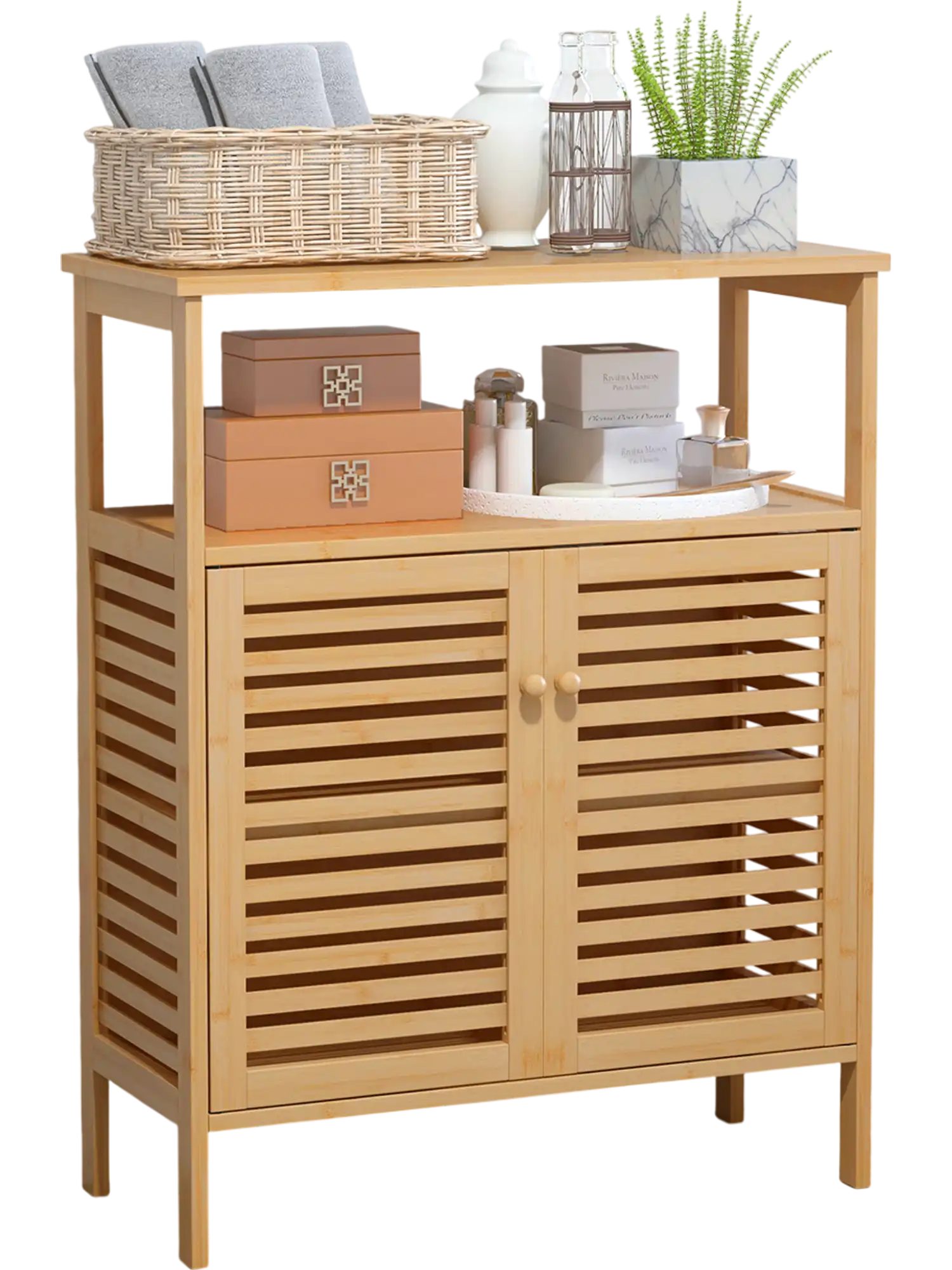 Costway Bamboo Bathroom Floor Storage Cabinet Shutter Doors Natural 94156370 New