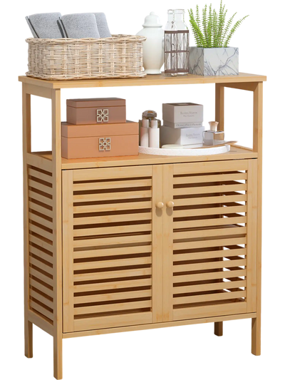 Costway Bamboo Bathroom Floor Storage Cabinet Shutter Doors Natural 94156370 New