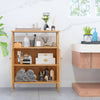 Bamboo bathroom floor storage cabinet with slatted doors, open shelf, and countertop for organizing various items.