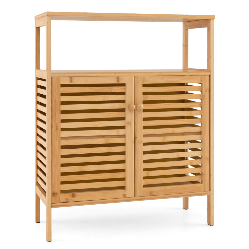 Bamboo bathroom floor storage cabinet with slatted doors, open shelf, and countertop for versatile organization.